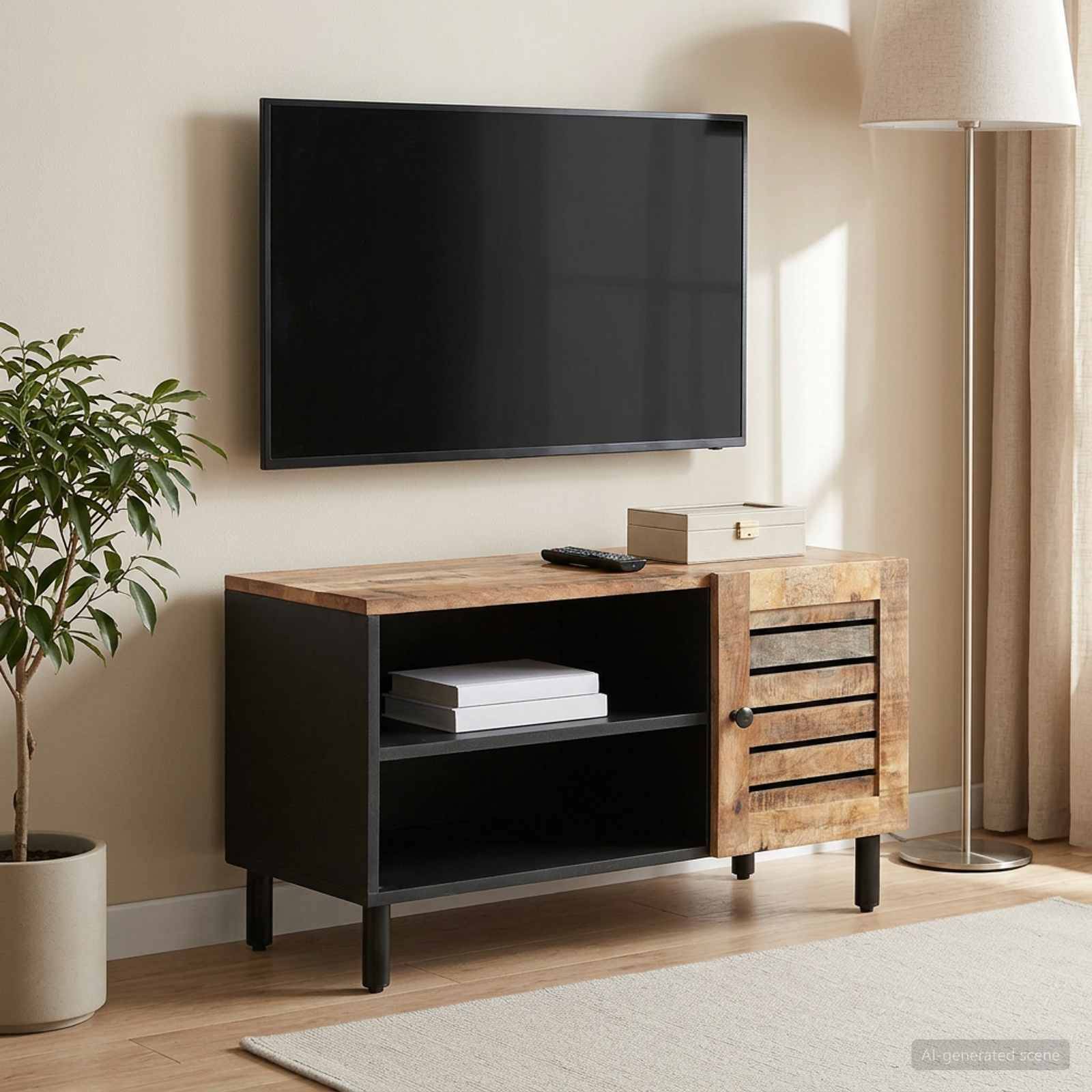 Wohnzimmer mit an der Wand montiertem Fernseher über einer Holz- und schwarzen Medienkonsole mit Büchern und einer Fernbedienung, daneben eine Topfpflanze und eine Stehleuchte.
