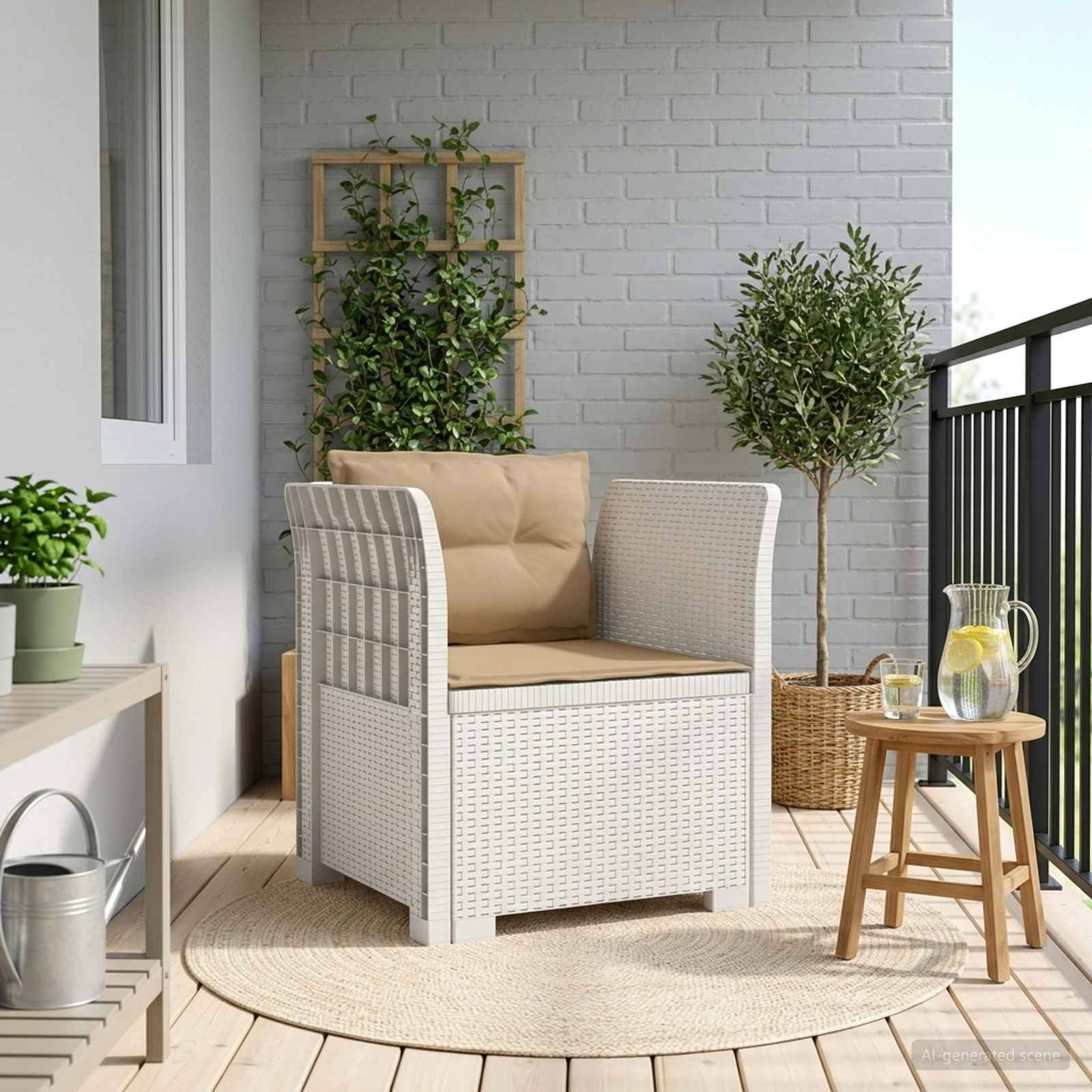 vidaXL 1-Sitzer Sessel mit Kissen Rattan-Look PP Weiß