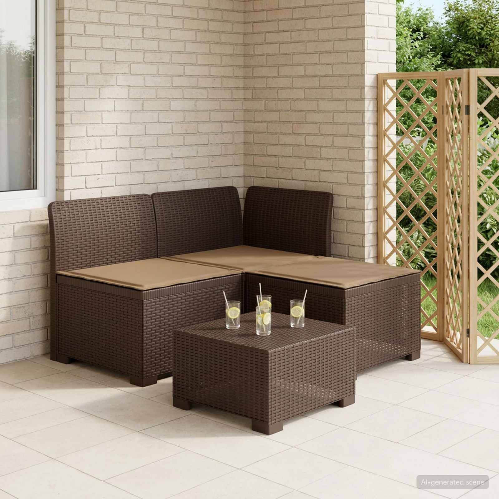 vidaXL 3-Sitzer Garten Sofa mit Kissen Rattan-Look PP Braun