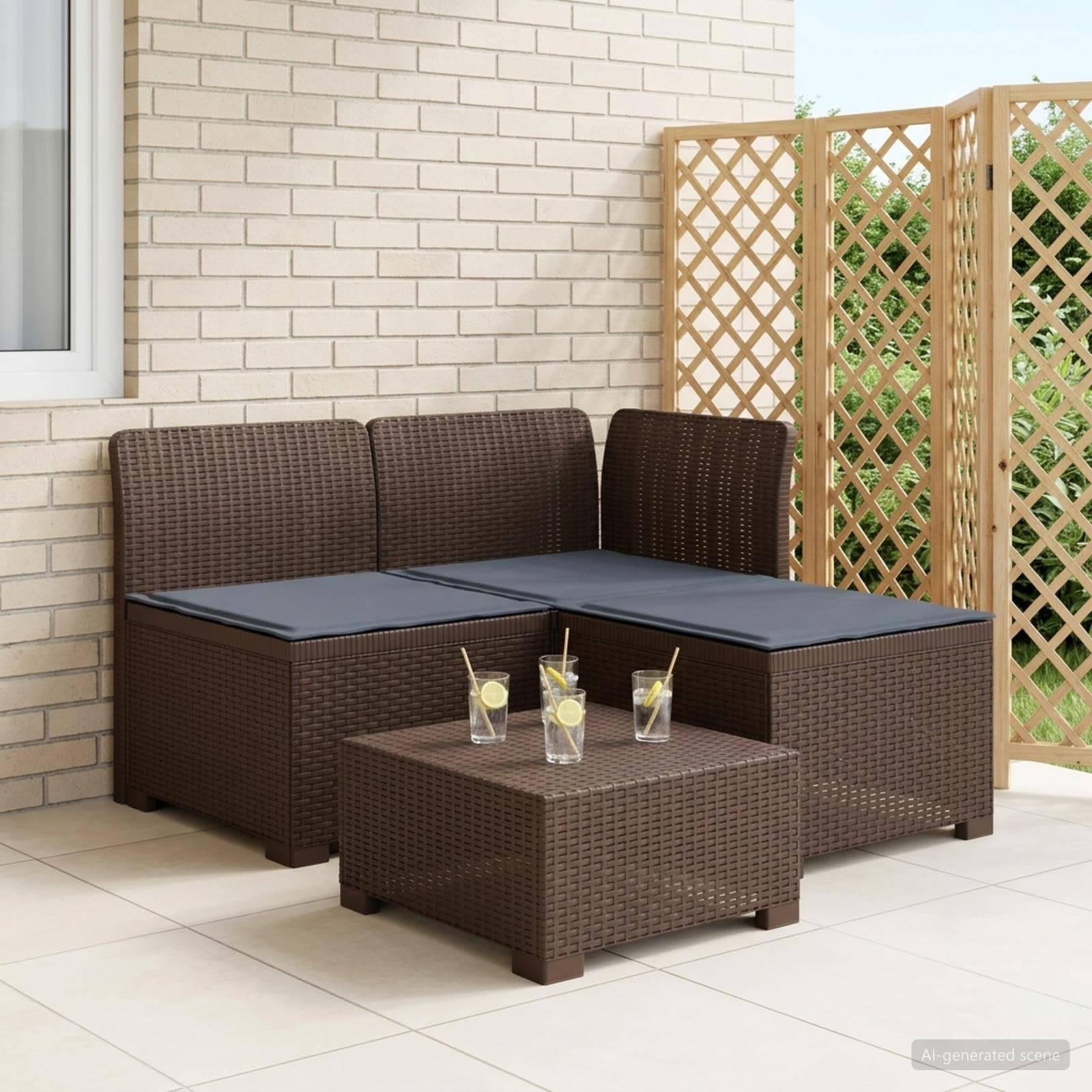 vidaXL 3-Sitzer Garten Sofa mit Kissen Rattan-Look PP Braun