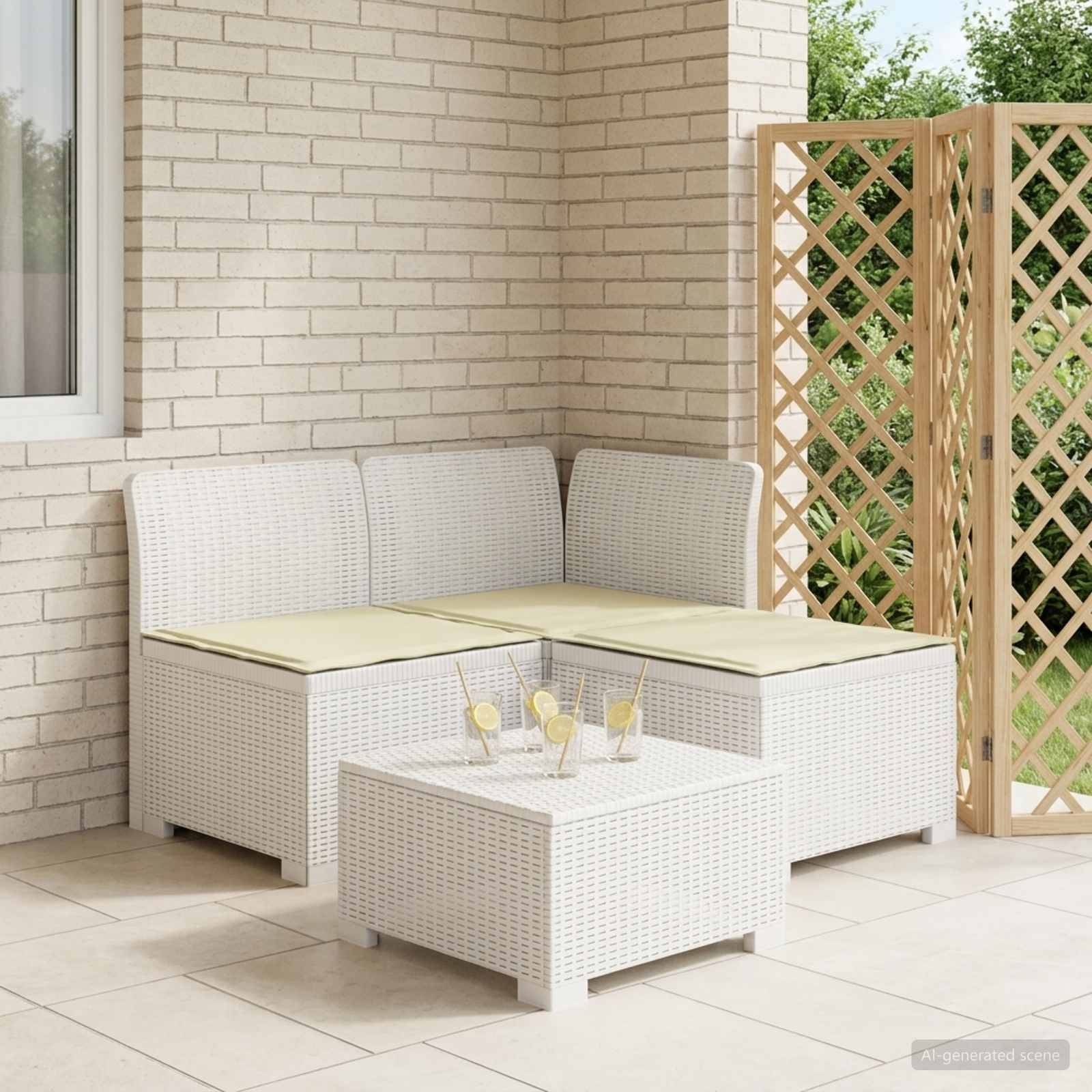 vidaXL 3-Sitzer Garten Sofa mit Kissen Rattan-Look PP Weiß