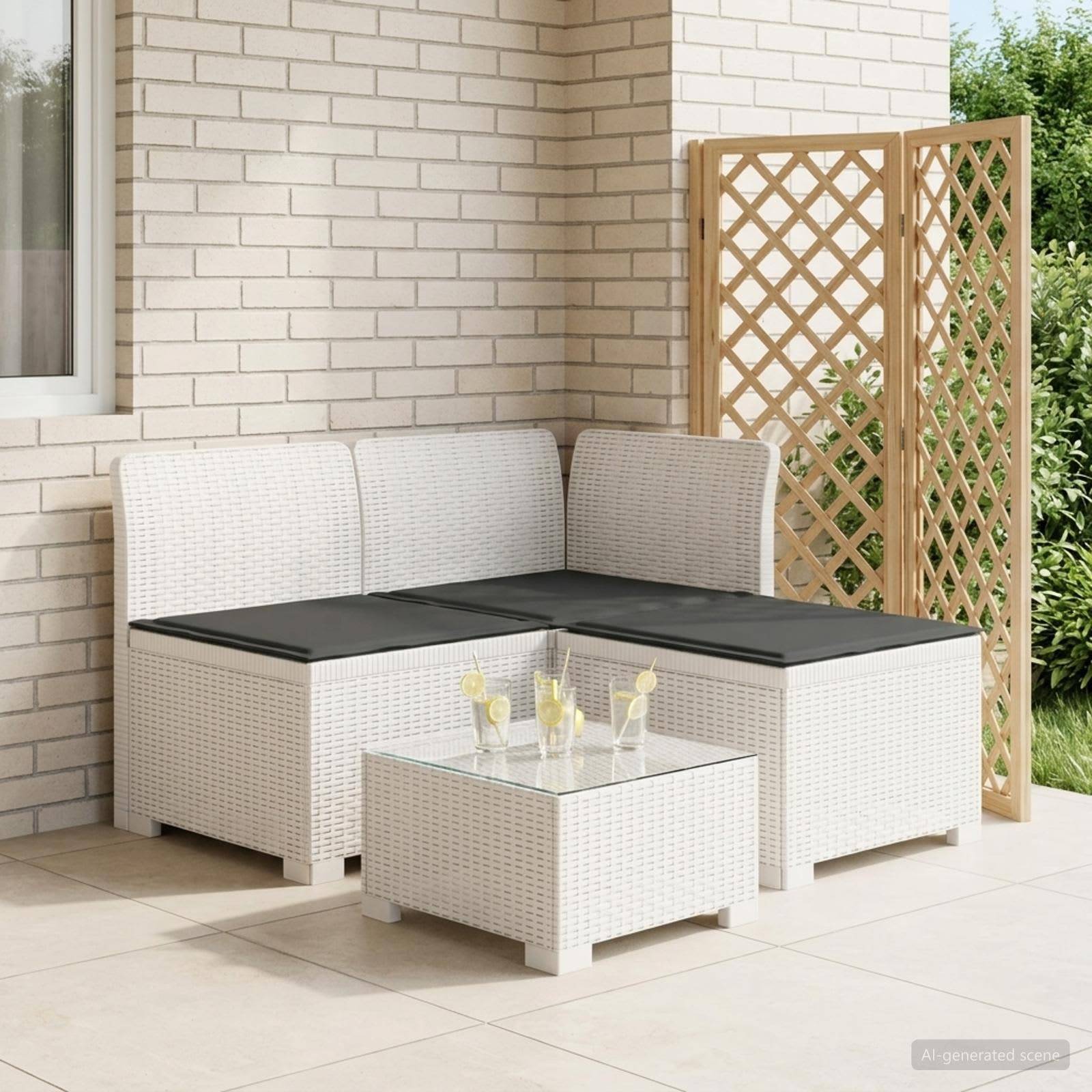 vidaXL 3-Sitzer Garten Sofa mit Kissen Rattan-Look PP Weiß
