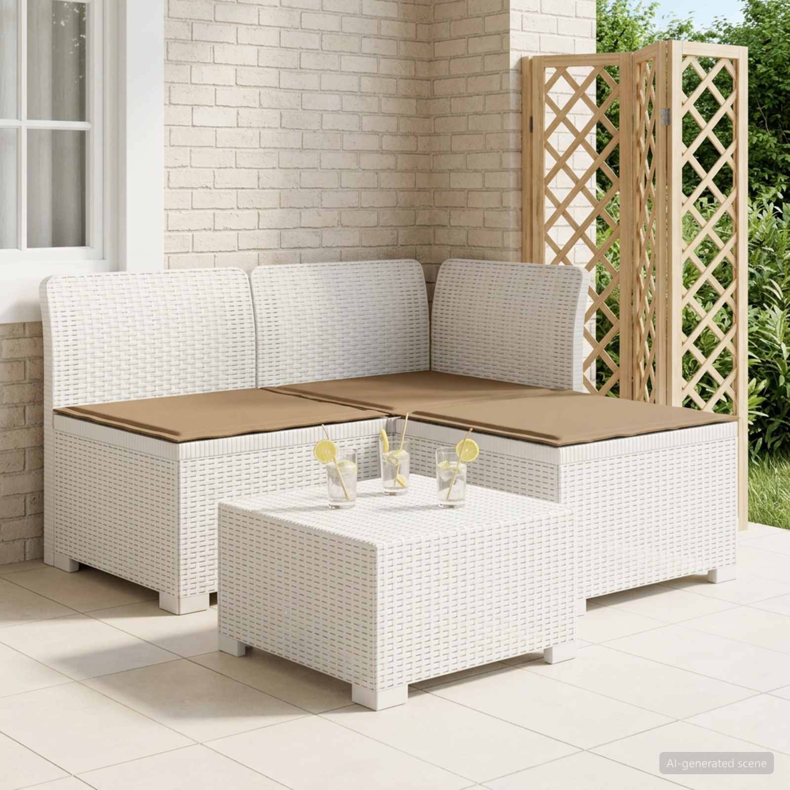 vidaXL 3-Sitzer Garten Sofa mit Kissen Rattan-Look PP Weiß