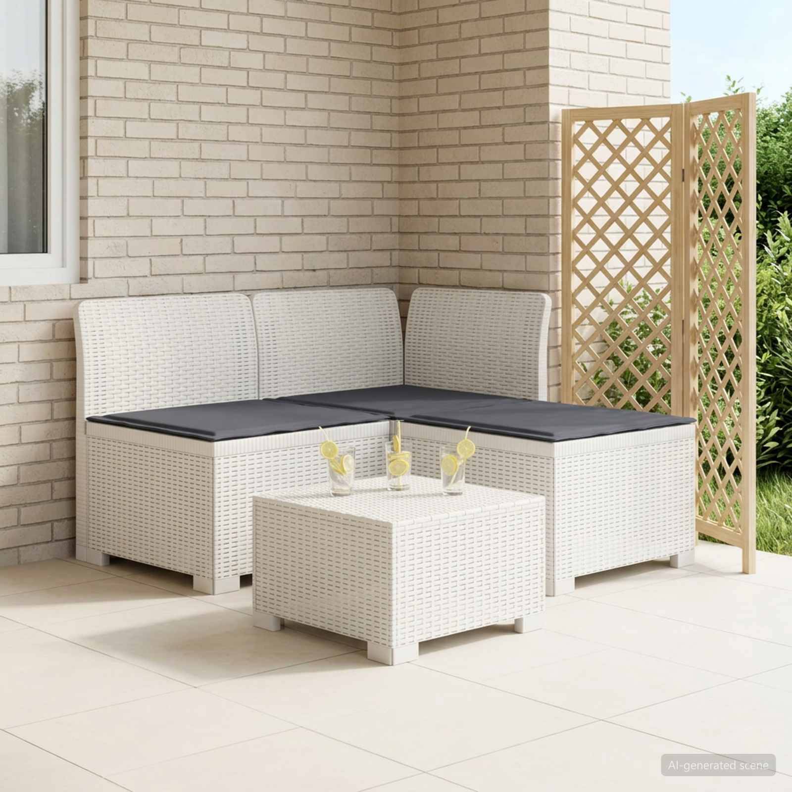 vidaXL 3-Sitzer Garten Sofa mit Kissen Rattan-Look PP Weiß