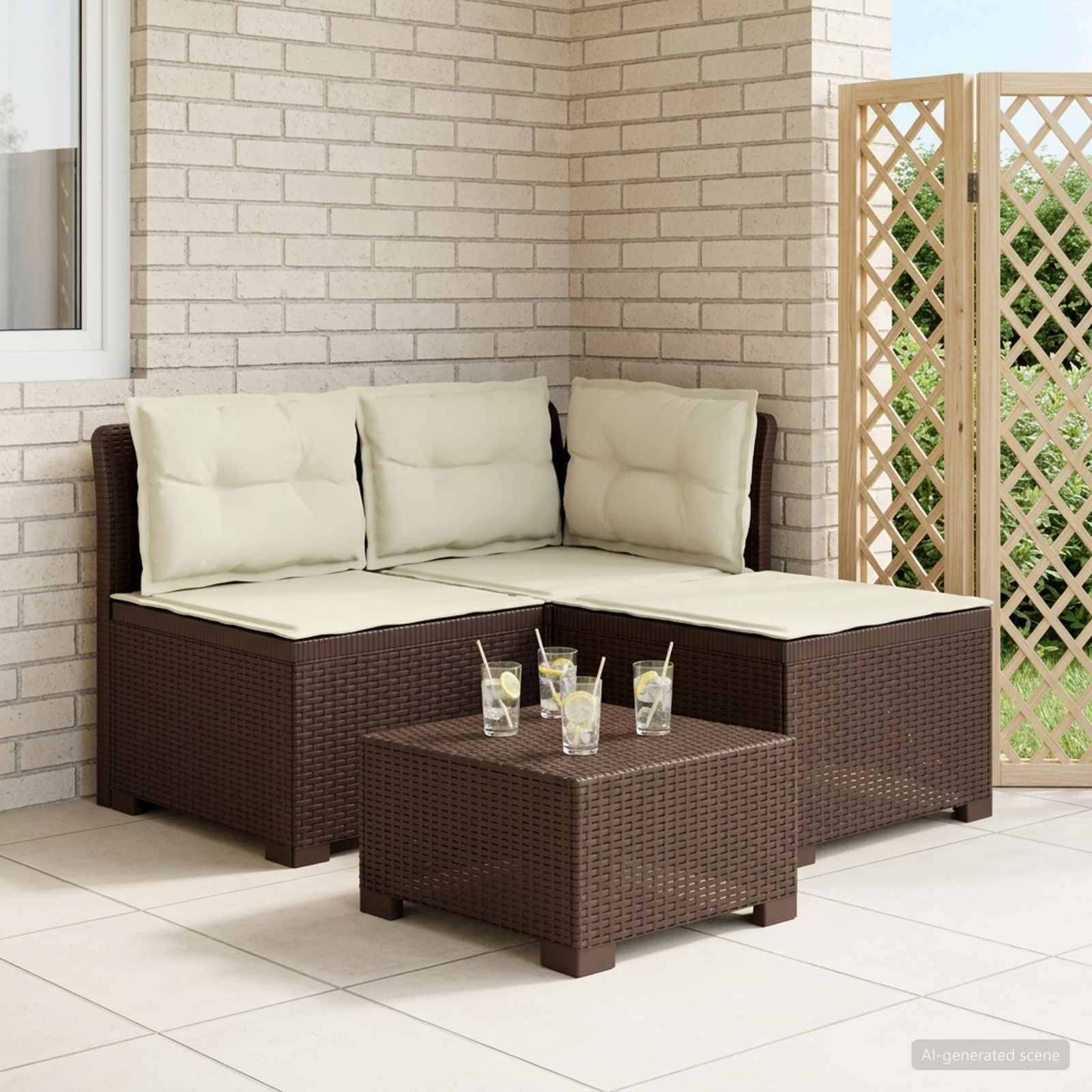 vidaXL 3-Sitzer Garten Sofa mit Kissen Rattan-Look PP Braun