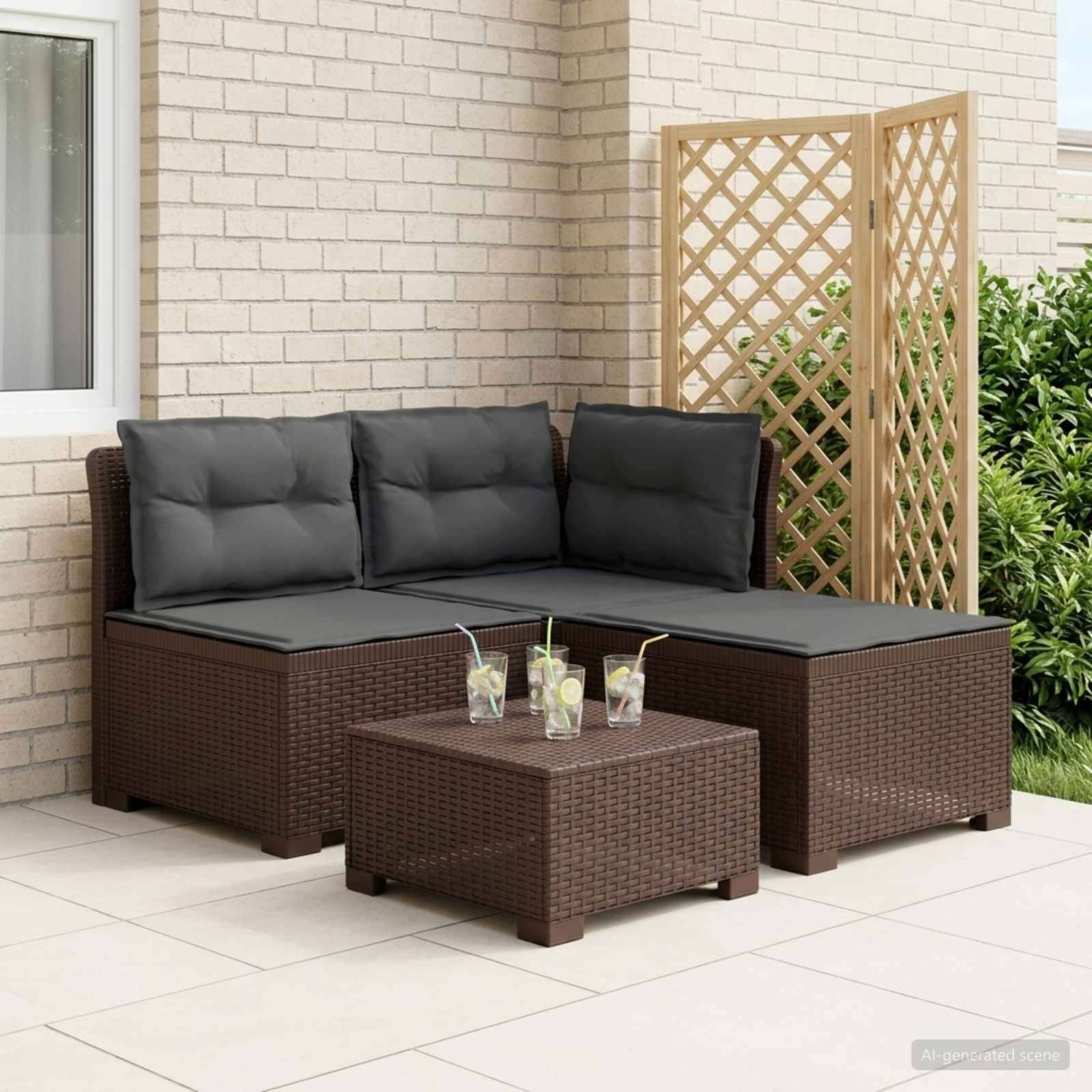 vidaXL 3-Sitzer Garten Sofa mit Kissen Rattan-Look PP Braun