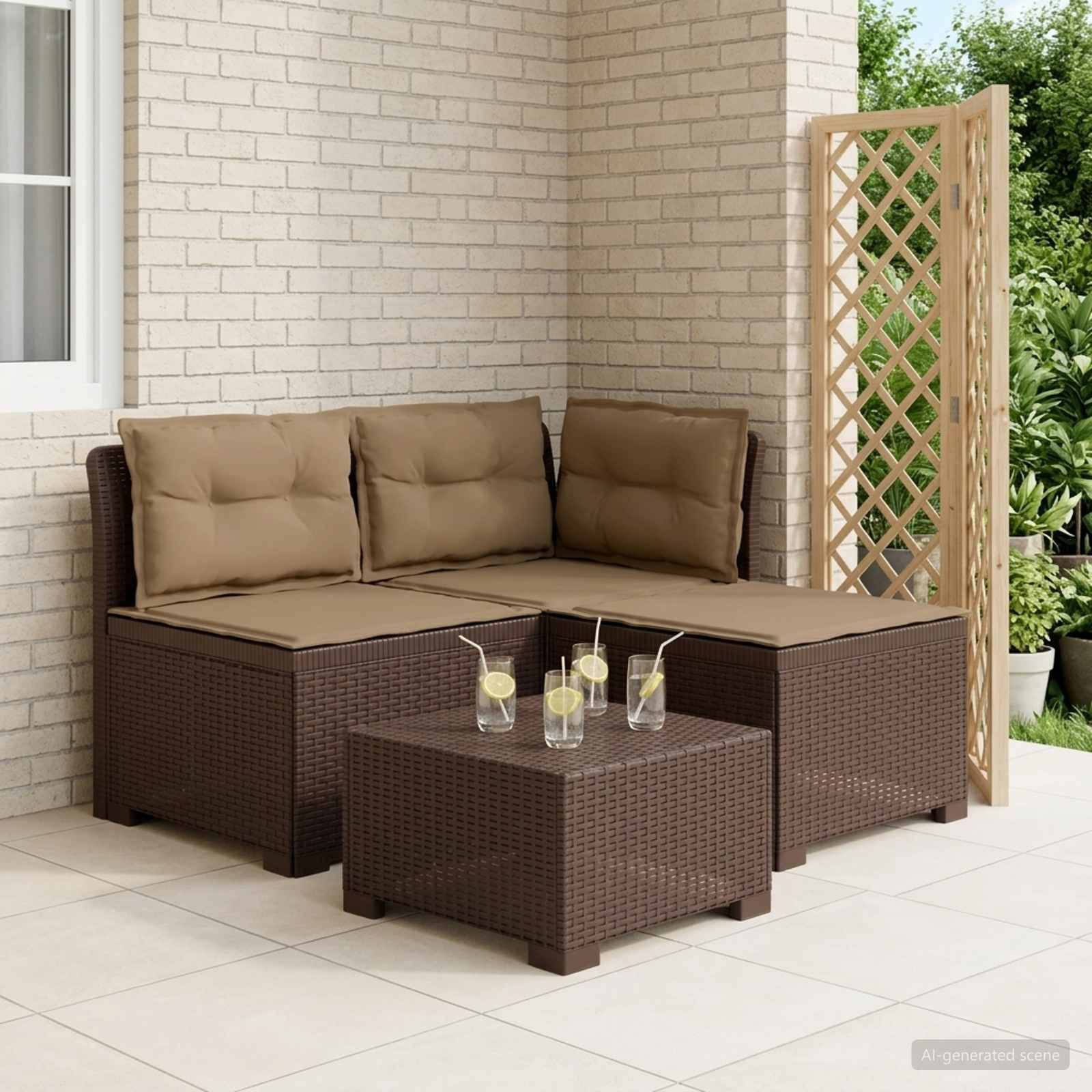 vidaXL 3-Sitzer Garten Sofa mit Kissen Rattan-Look PP Braun