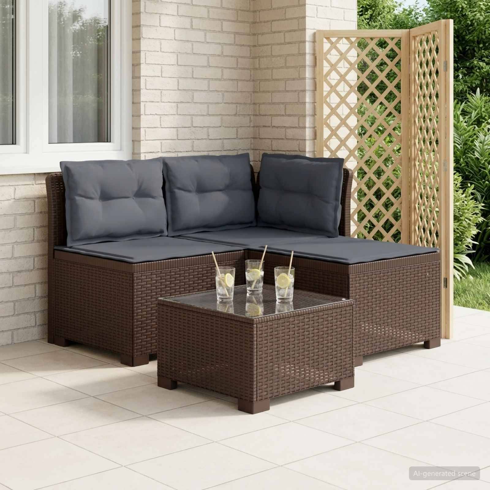 vidaXL 3-Sitzer Garten Sofa mit Kissen Rattan-Look PP Braun