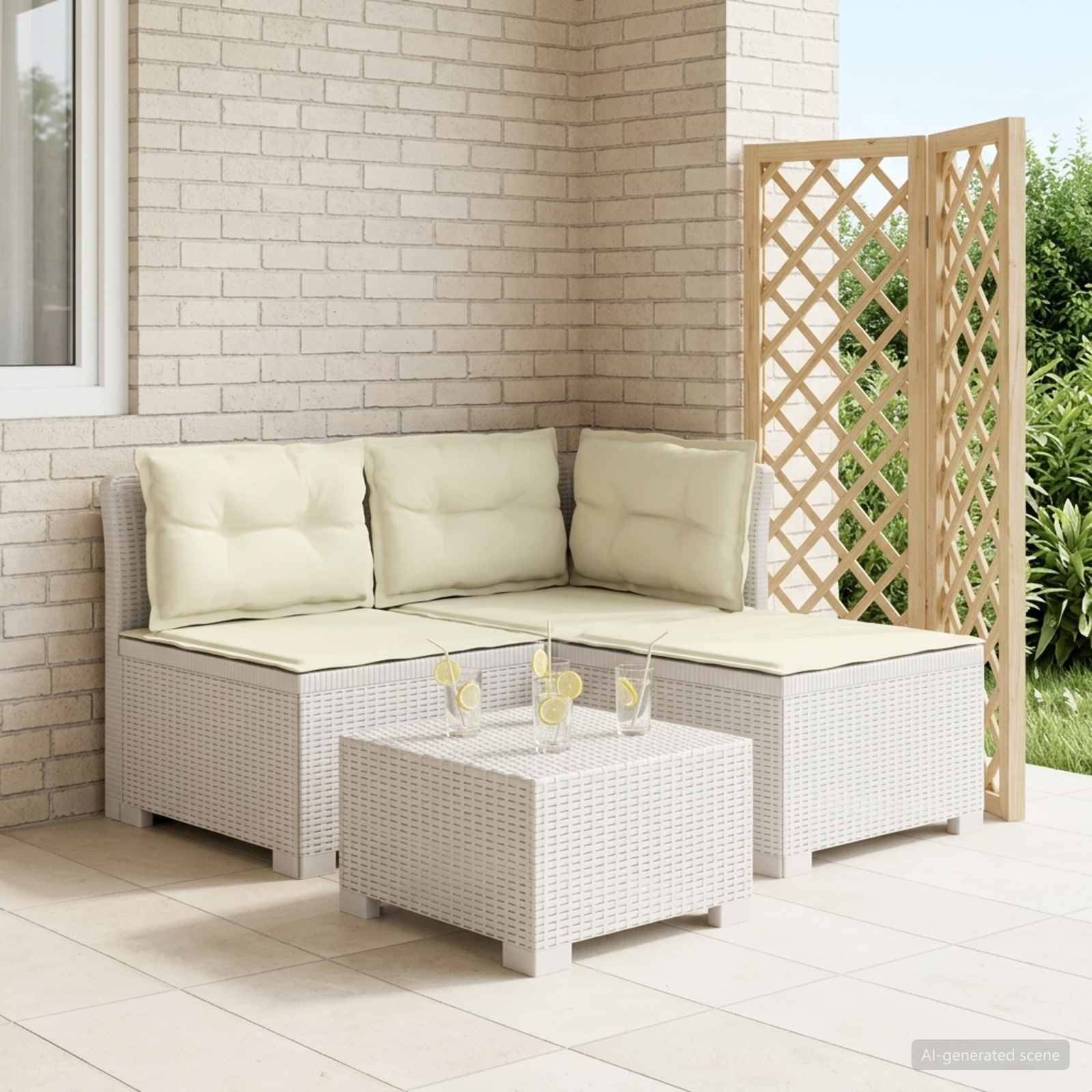vidaXL 3-Sitzer Garten Sofa mit Kissen Rattan-Look PP Weiß