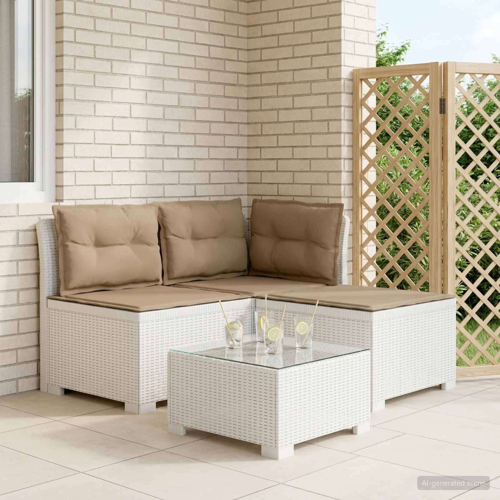 vidaXL 3-Sitzer Garten Sofa mit Kissen Rattan-Look PP Weiß