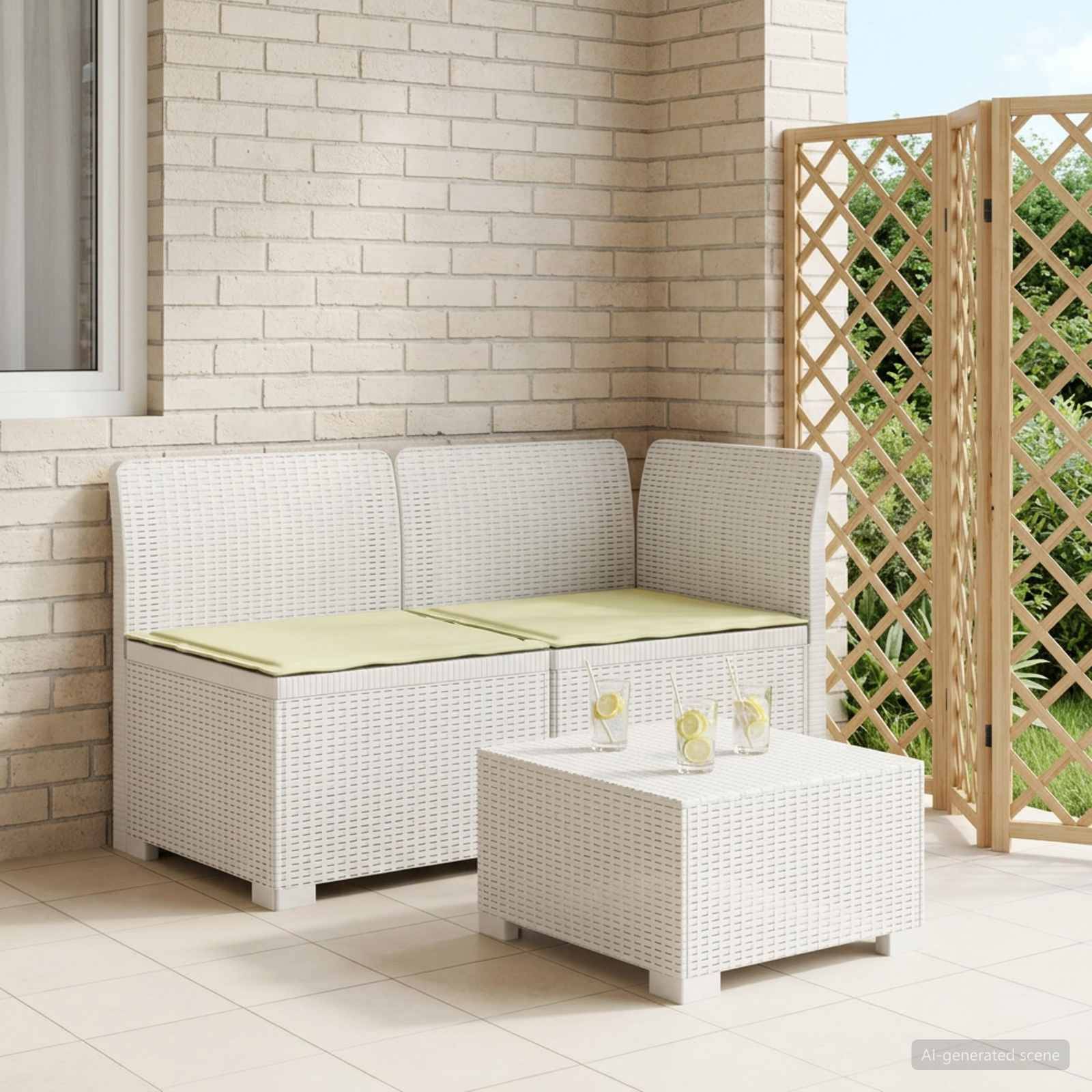 vidaXL 2-Sitzer Garten-Sofa mit Kissen Rattan-Look PP Weiß