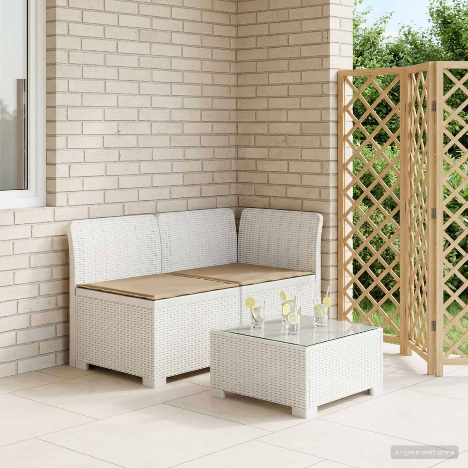 vidaXL 2-Sitzer Garten-Sofa mit Kissen Rattan-Look PP Weiß