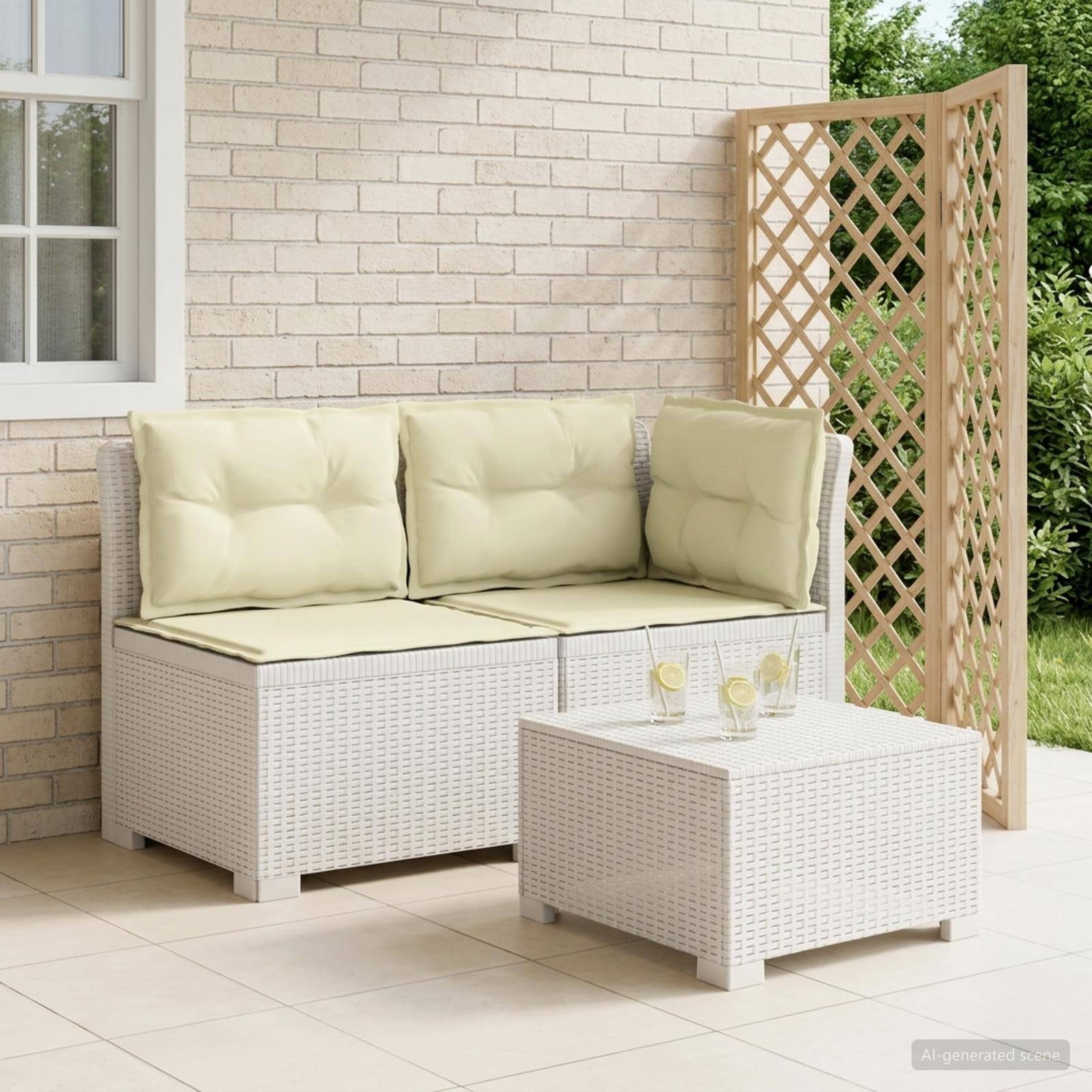 vidaXL 2-Sitzer Garten-Sofa mit Kissen Rattan-Look PP Weiß