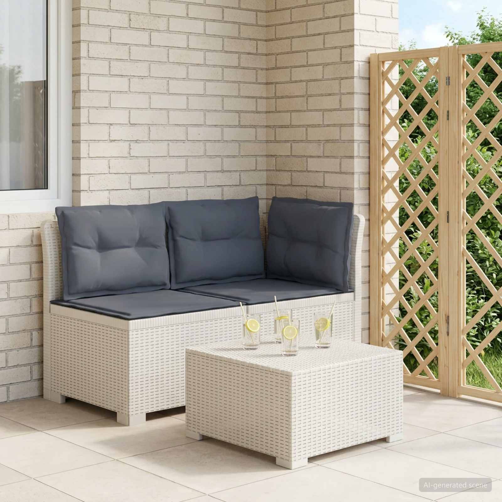 vidaXL 2-Sitzer Garten-Sofa mit Kissen Rattan-Look PP Weiß