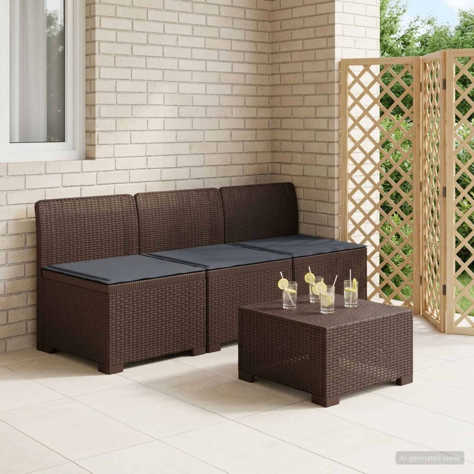 vidaXL 3-Sitzer Garten Sofa mit Kissen Rattan-Look PP Braun