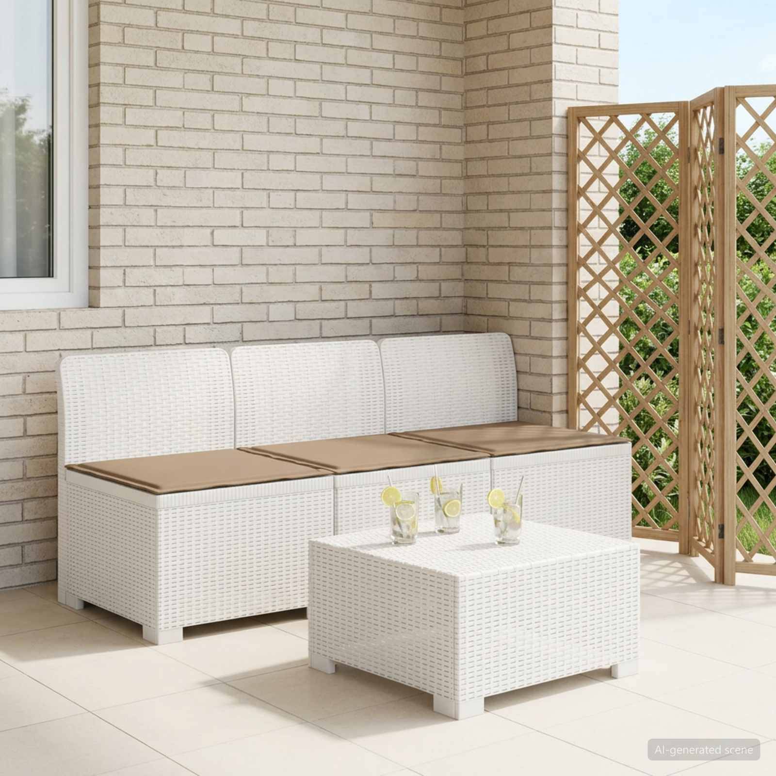 vidaXL 3-Sitzer Garten Sofa mit Kissen Rattan-Look PP Weiß