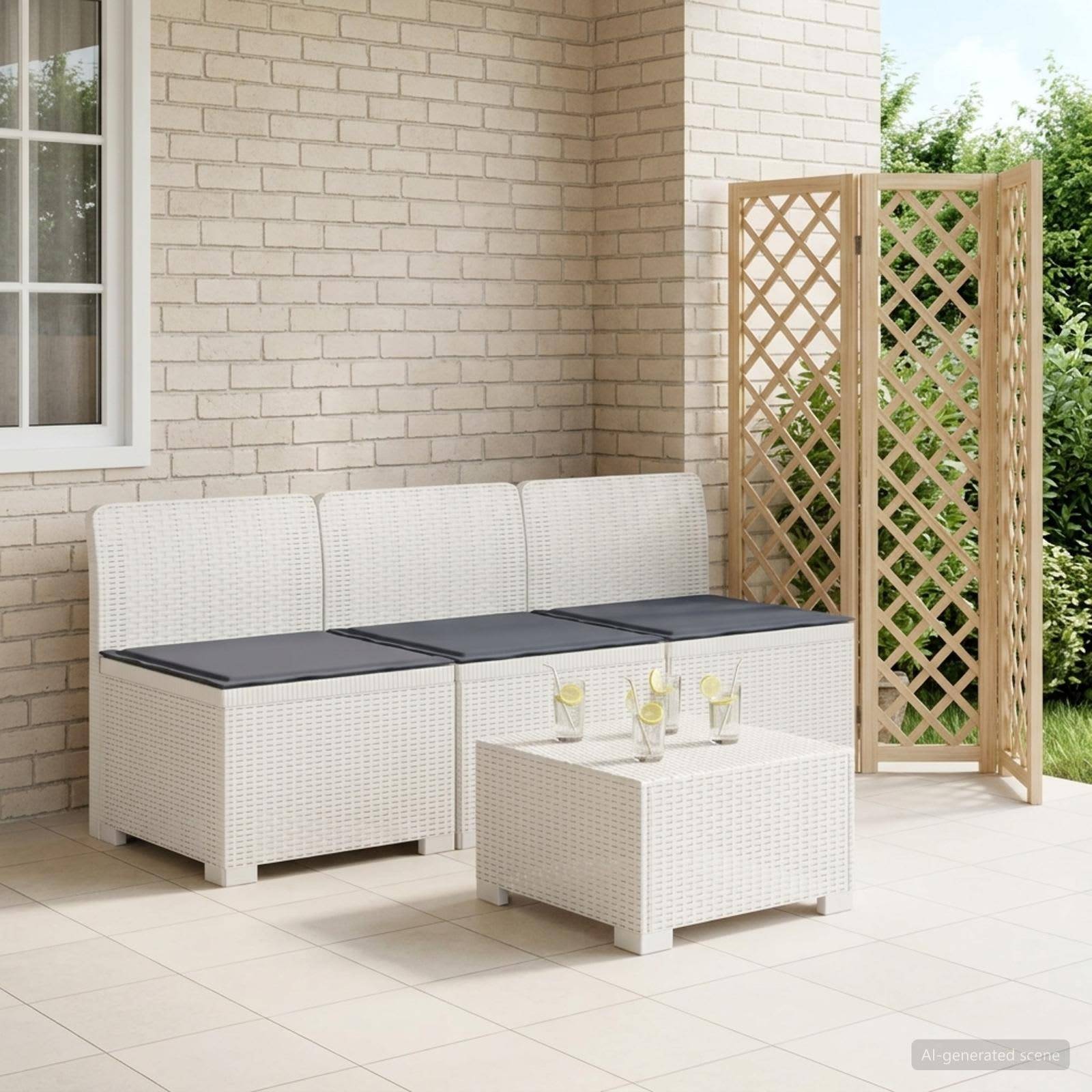 vidaXL 3-Sitzer Garten Sofa mit Kissen Rattan-Look PP Weiß