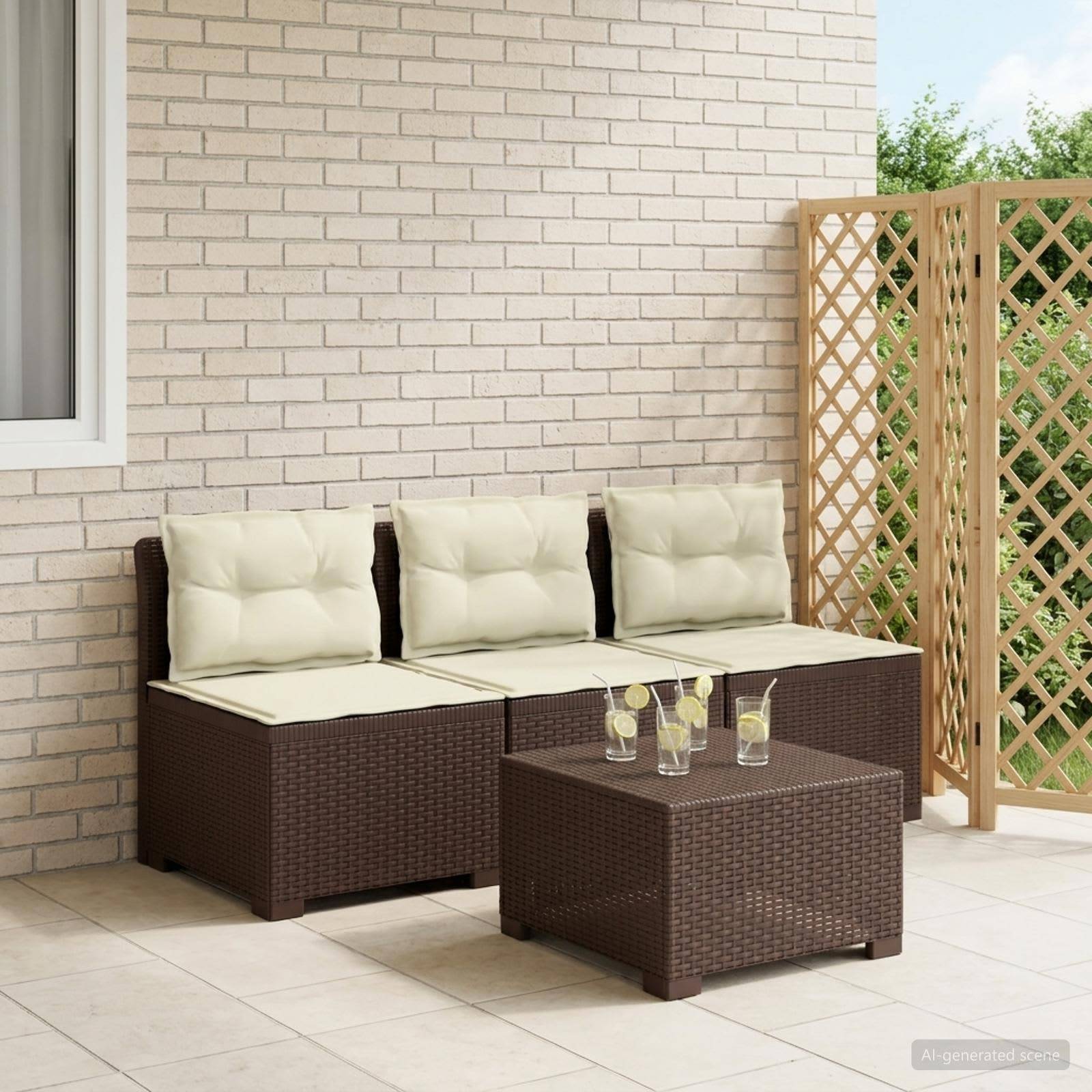 vidaXL 3-Sitzer Garten Sofa mit Kissen Rattan-Look PP Braun