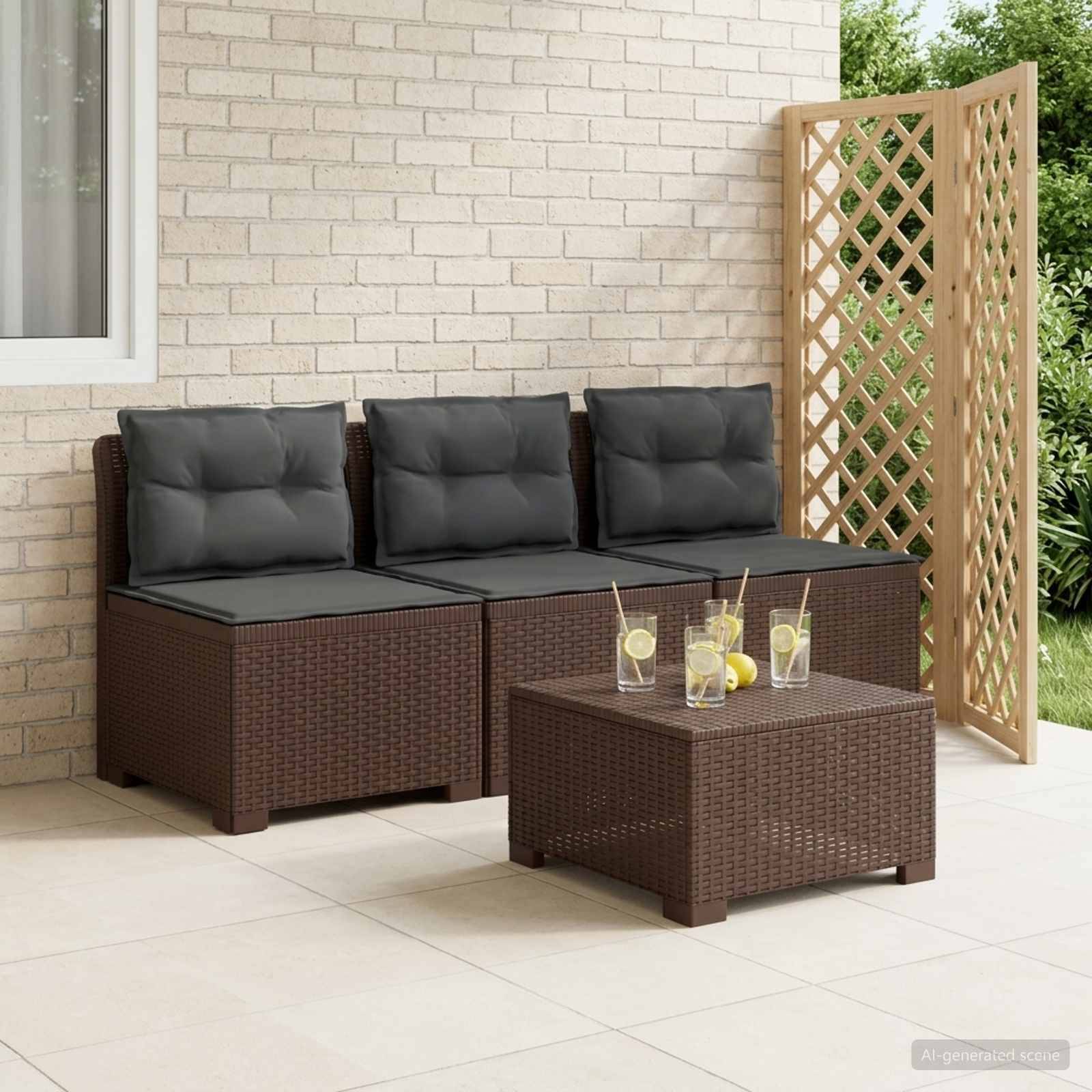 vidaXL 3-Sitzer Garten Sofa mit Kissen Rattan-Look PP Braun