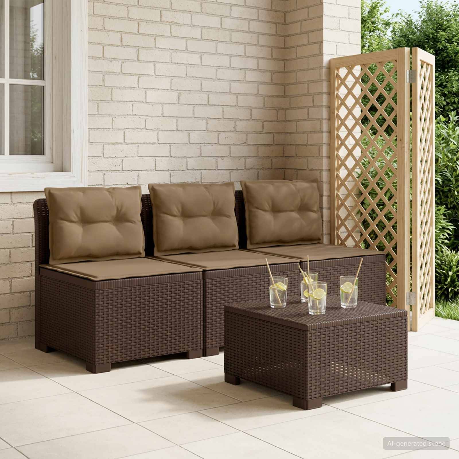 vidaXL 3-Sitzer Garten Sofa mit Kissen Rattan-Look PP Braun