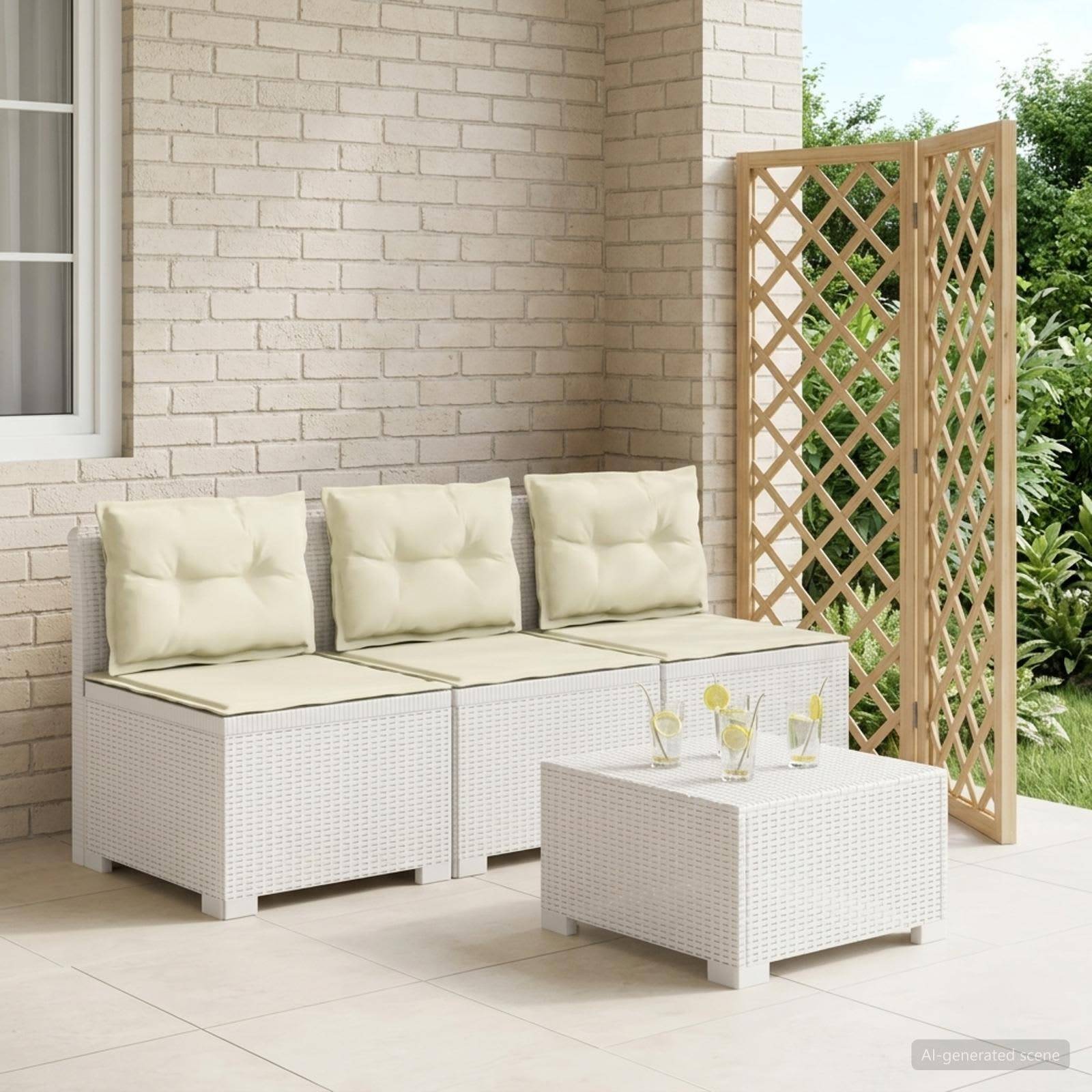 vidaXL 3-Sitzer Garten Sofa mit Kissen Rattan-Look PP Weiß