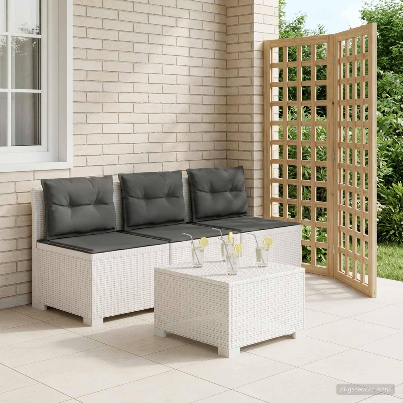 vidaXL 3-Sitzer Garten Sofa mit Kissen Rattan-Look PP Weiß