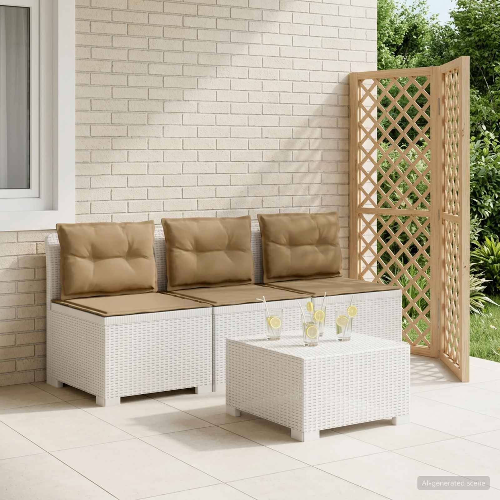 vidaXL 3-Sitzer Garten Sofa mit Kissen Rattan-Look PP Weiß