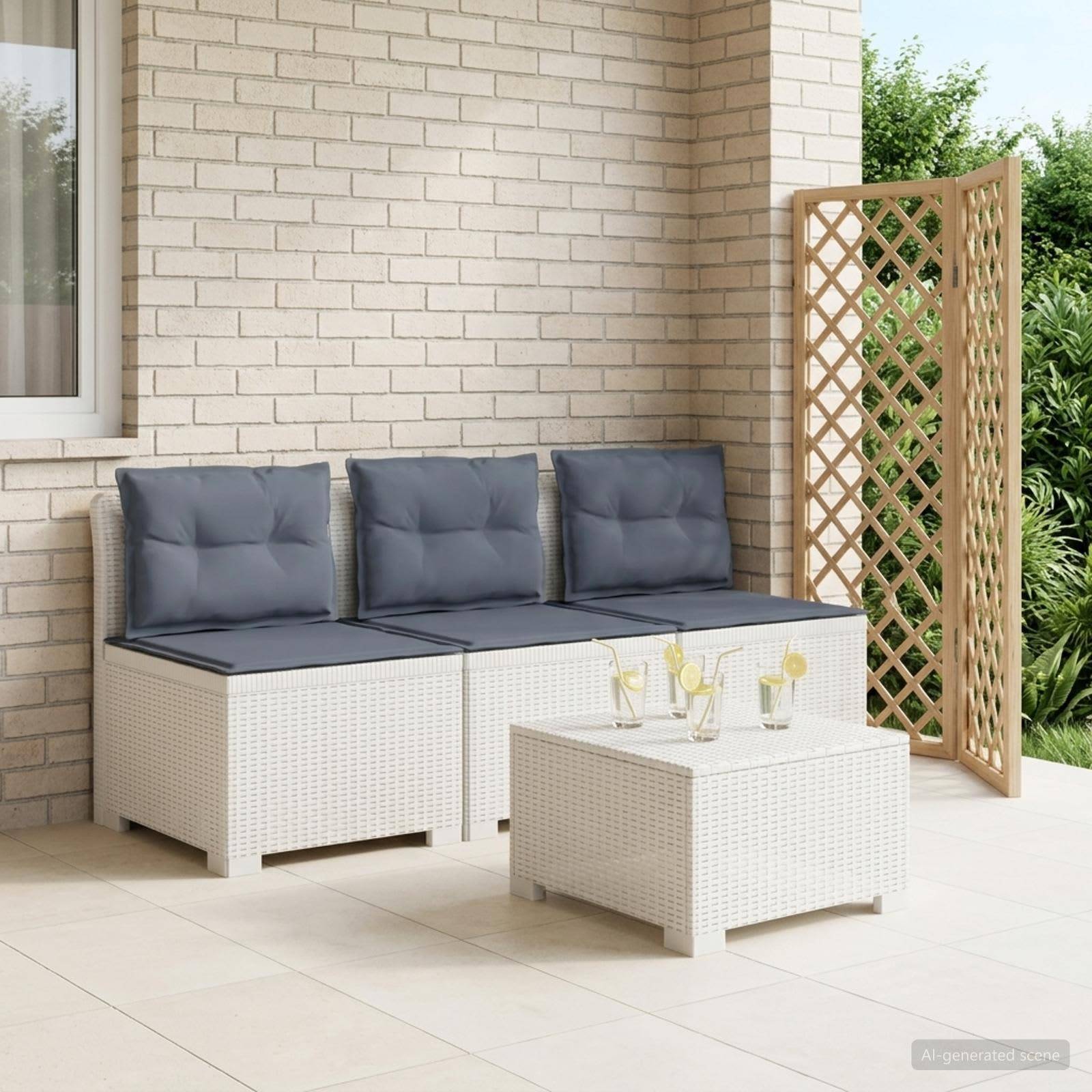 vidaXL 3-Sitzer Garten Sofa mit Kissen Rattan-Look PP Weiß