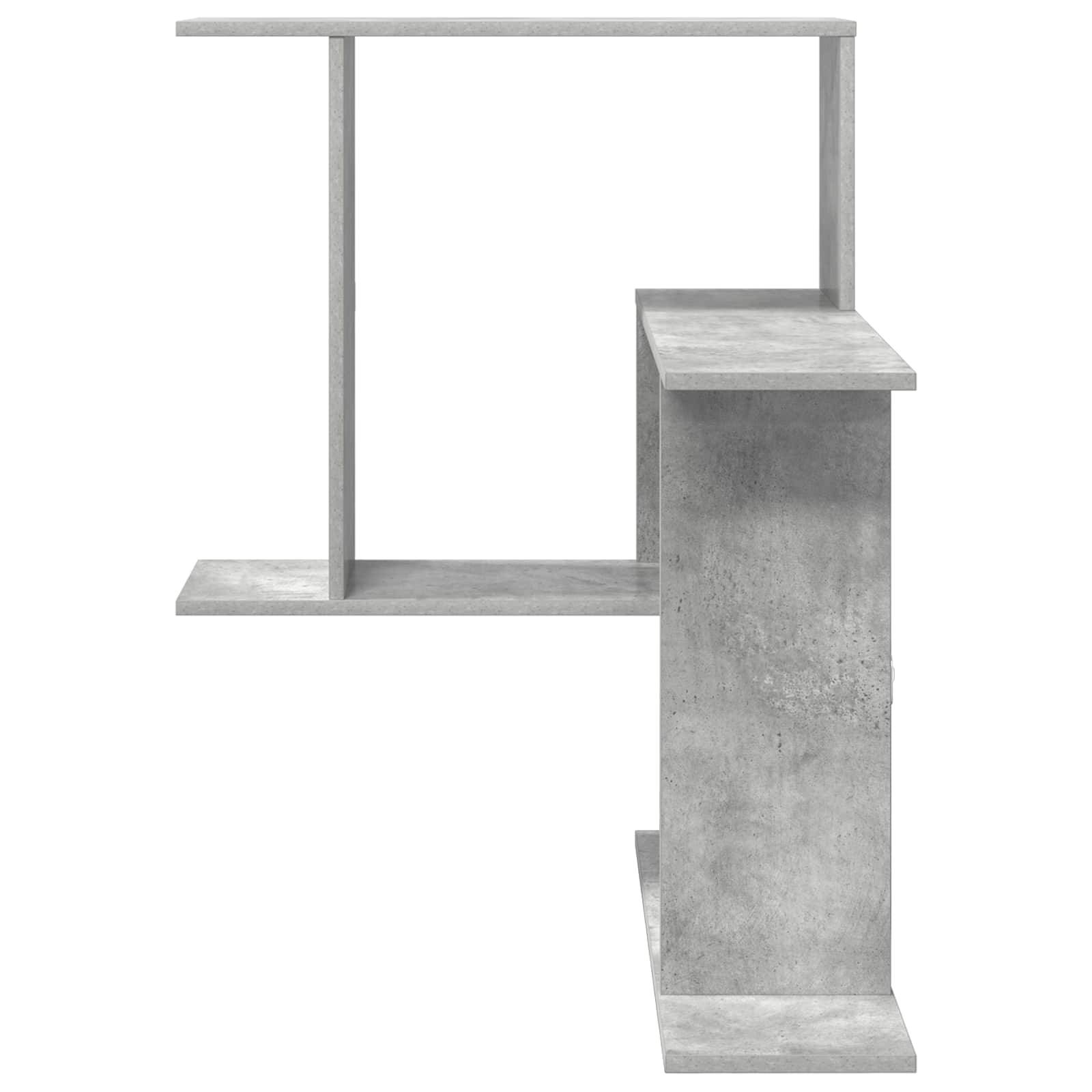 Minimalistische graue Betonregaleinheit mit offenem rechteckigem Rahmen und hohem Sockelelement auf der rechten Seite