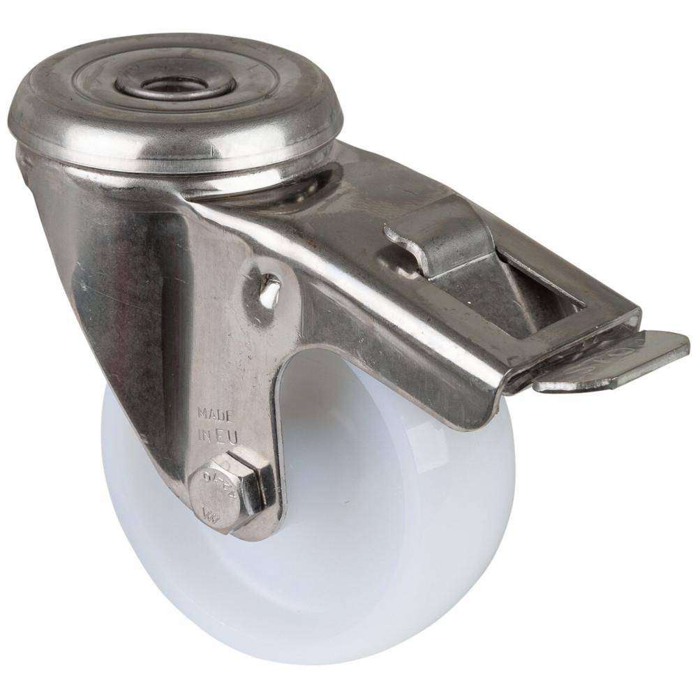 Edelstahl-Lenkrolle mit Feststeller - Rückenloch - Polyamid-Rad - Rad-Ø 80 mm - Bauhöhe 104 mm - Tragkraft 150 kg - Preis per Stück