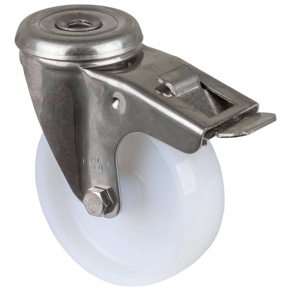Edelstahl-Lenkrolle mit Feststeller - Rückenloch - Polyamid-Rad - Rad-Ø 100 mm - Bauhöhe 123 mm - Tragkraft 200 kg - Preis per Stück