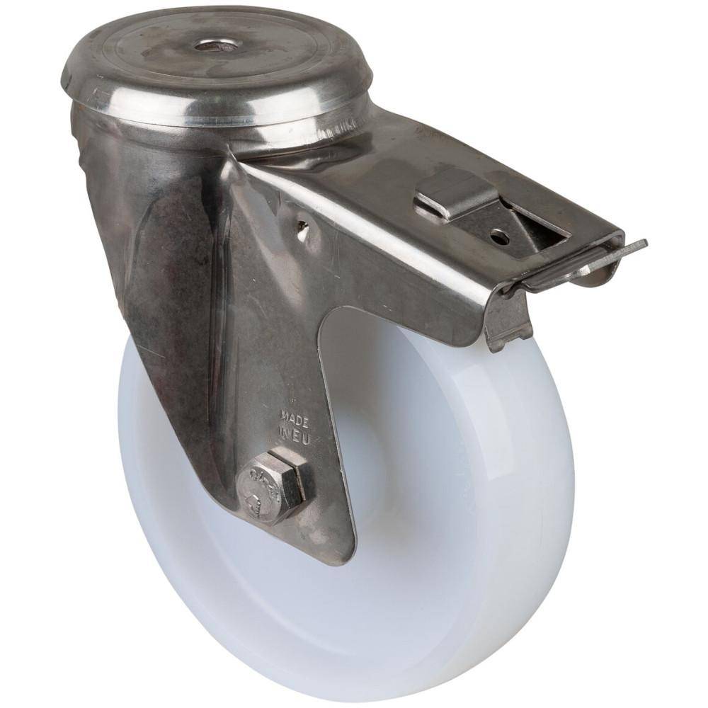 Edelstahl-Lenkrolle mit Feststeller - Rückenloch - Polyamid-Rad - Rad-Ø 150 mm - Bauhöhe 180 mm - Tragkraft 300 kg - Preis per Stück