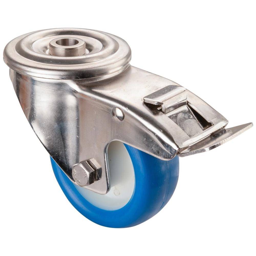 Edelstahl-Lenkrolle mit Feststeller - Rückenloch - PU-Rad blau - Rad-Ø 80 mm - Bauhöhe 104 mm - Tragkraft 70 kg - Preis per Stück