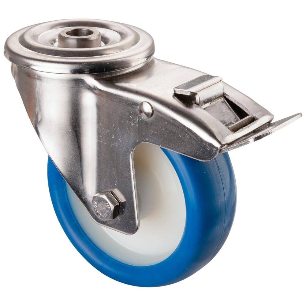 Edelstahl-Lenkrolle mit Feststeller - Rückenloch - PU-Rad blau - Rad-Ø 100 mm - Bauhöhe 123 mm - Tragkraft 110 kg - Preis per Stück
