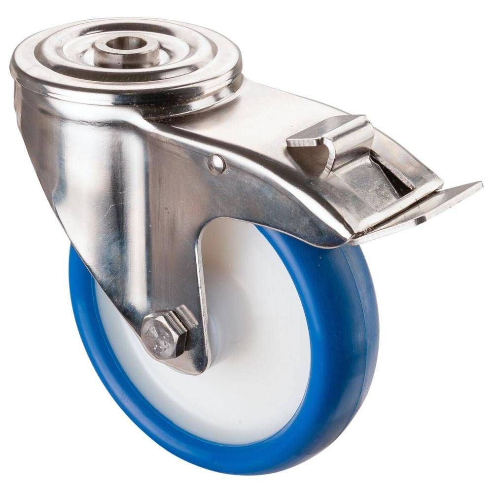 Edelstahl-Lenkrolle mit Feststeller - Rückenloch - PU-Rad blau - Rad-Ø 150 mm - Bauhöhe 180 mm - Tragkraft 200 kg - Preis per Stück