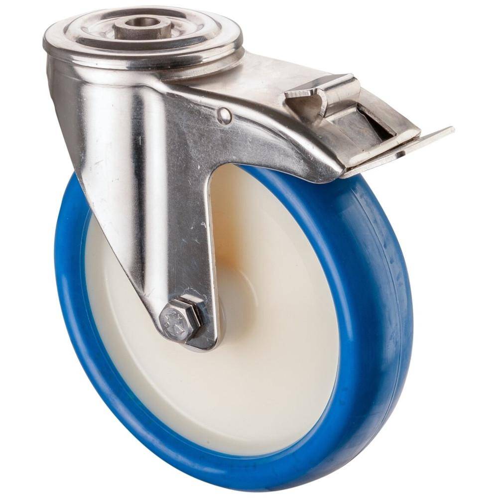 Edelstahl-Lenkrolle mit Feststeller - Rückenloch - PU-Rad blau - Rad-Ø 200 mm - Bauhöhe 230 mm - Tragkraft 300 kg - Preis per Stück