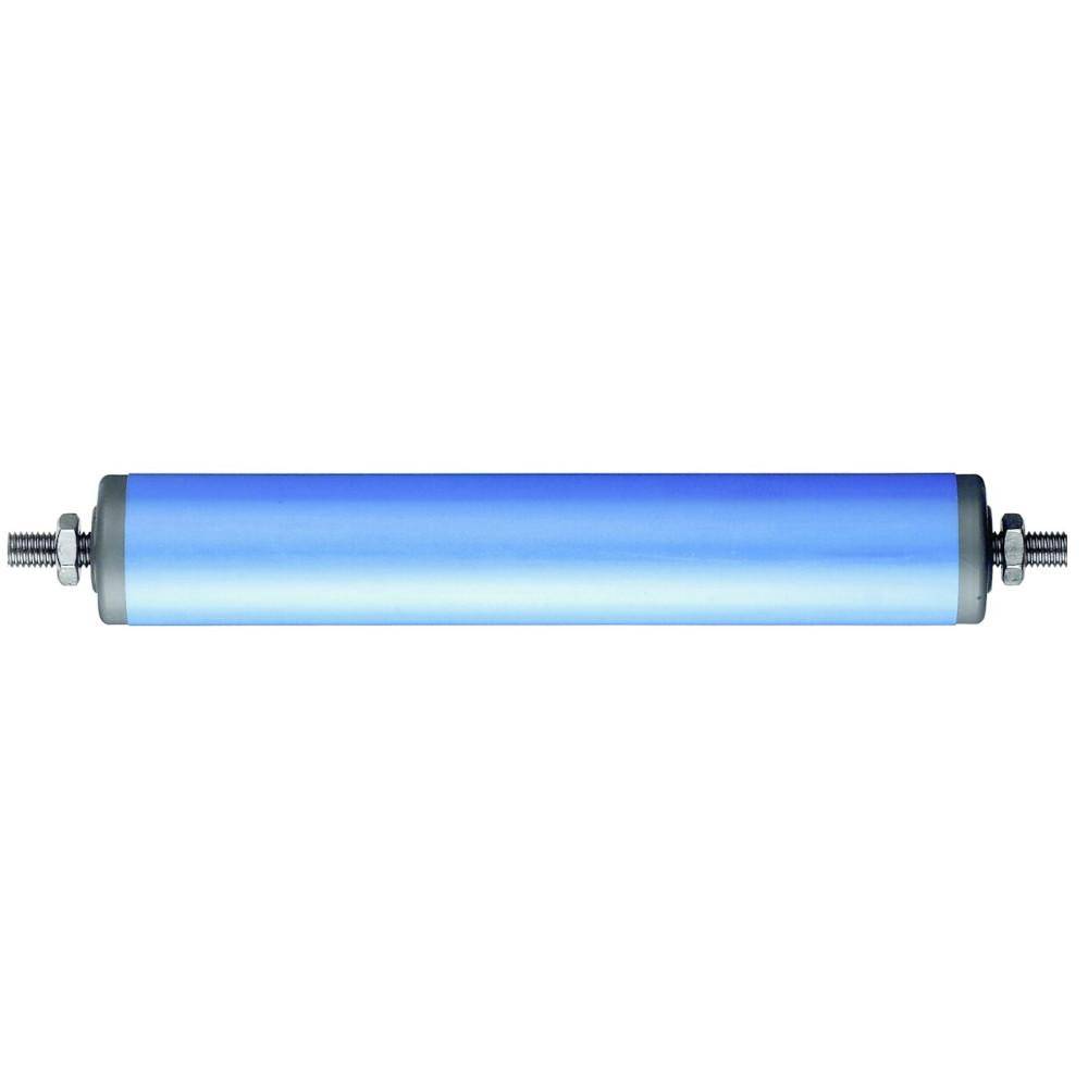 Blauer zylindrischer Roller mit Gewinde-Metallwellen an beiden Enden, isoliert auf weißem Hintergrund.