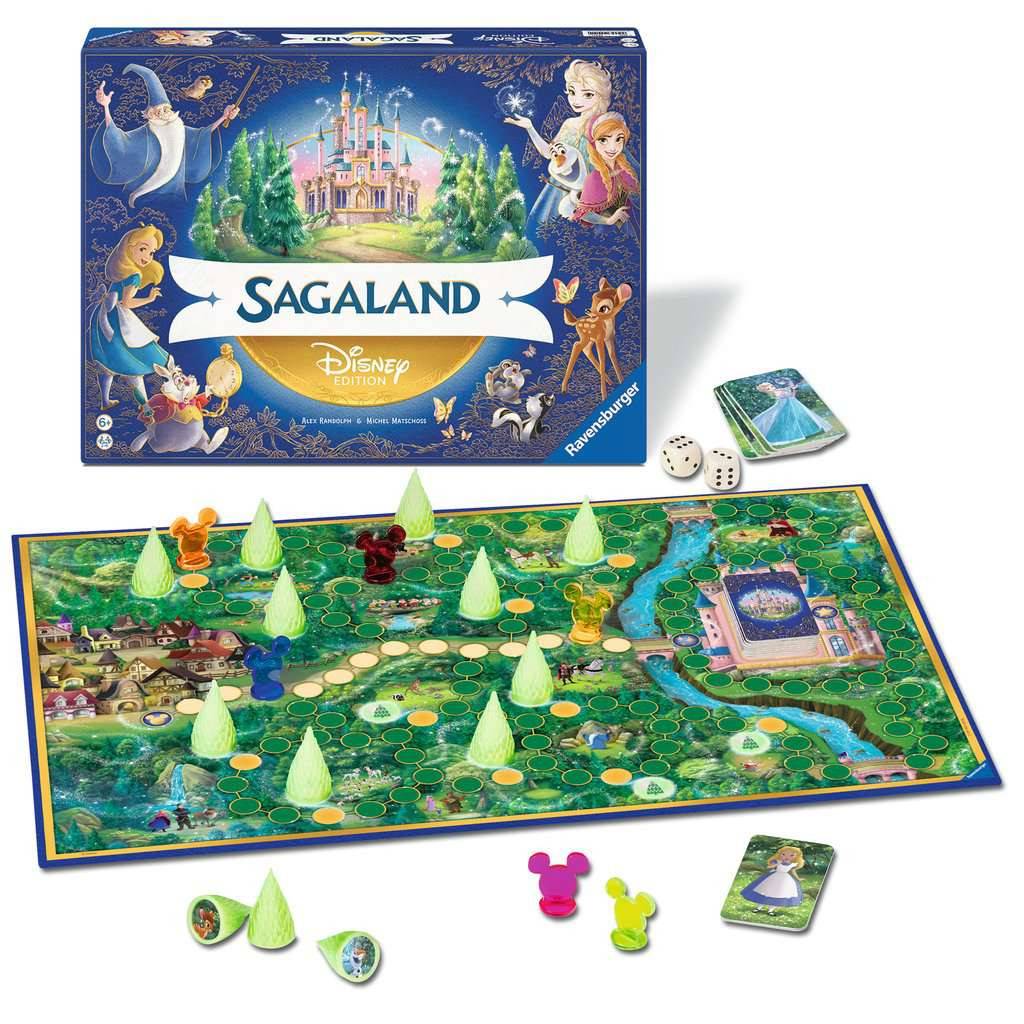 Disney Sagaland Brettspiel mit einer Fantasy-Spielbrett, Spielfiguren, Karten, Würfel und farbenfrohen waldthematisierten Spielmarken in einer Schachtel.