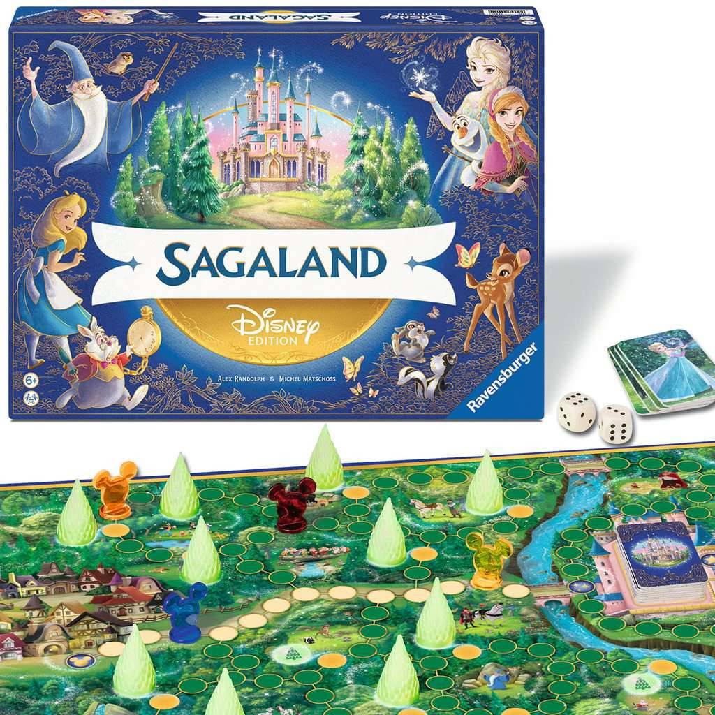 Ravensburger 'Sagaland Disney Edition' Brettspiel-Schachtel und Spielbrett mit farbigen Figuren, Würfeln und schlossthematischen Karten.