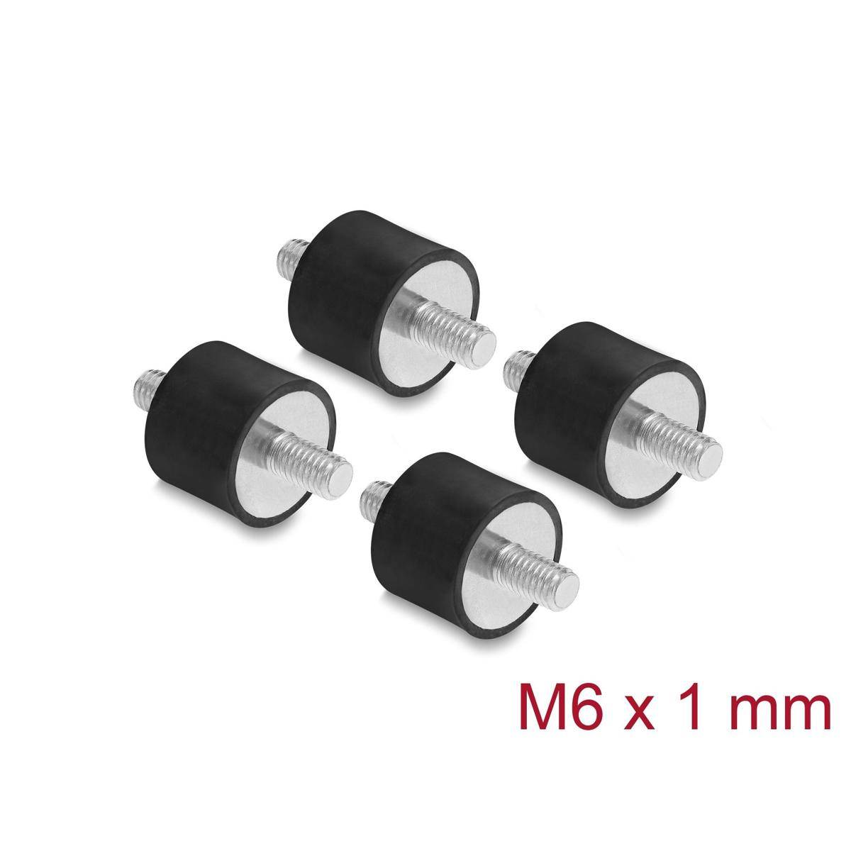 Vier schwarze Gummivibrationsisolatoren mit gewindelten Metallstiften, mit der Bezeichnung „M6 x 1 mm