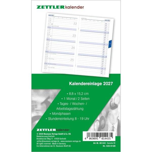 Kalenderersatzeinlage 520 8,8x15,2cm für Taschenplaner 1 Monat/2 Seiten 2027