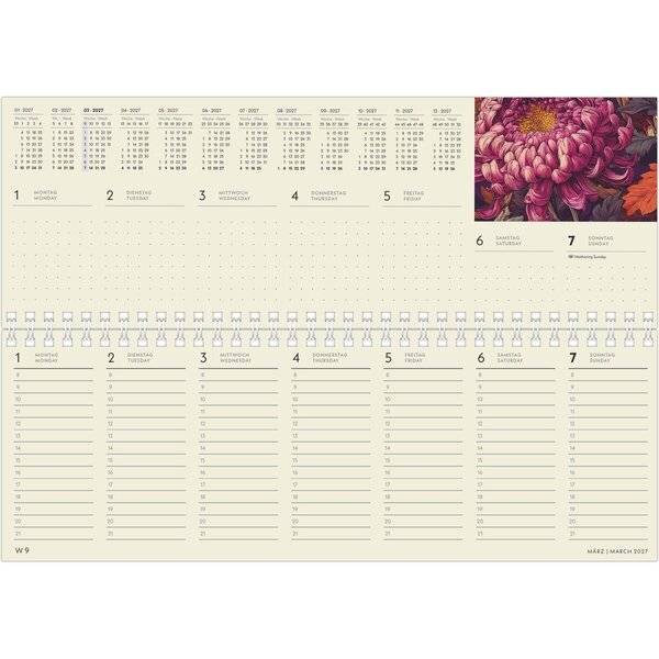 Tischquerkalender 194 Greenline 29,7x10,5m 1 Woche/2 Seiten Floral 2027