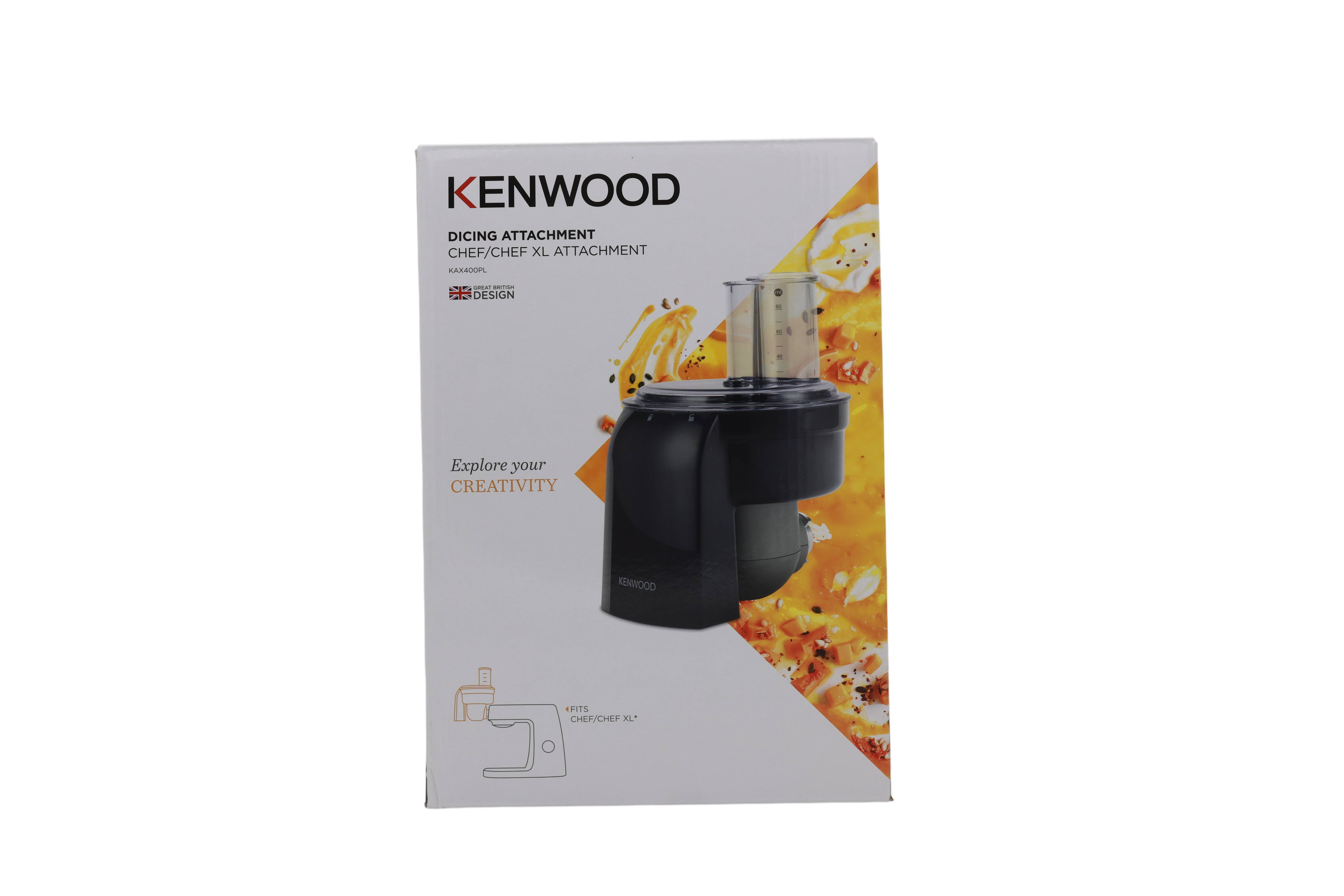 Kenwood Würfelschneidaufsatz Verpackungskarton mit Produktabbildung und Text „DICING ATTACHMENT