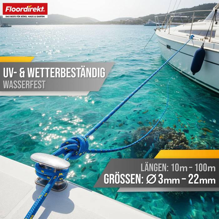 FLOORDIREKT Polypropylen Seil K2 - UV-beständiges & schwimmfähiges Allzweckseil - Blau-Gelb - 14 mm x 20 m