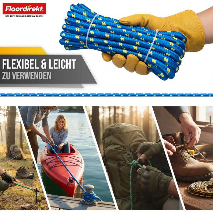 FLOORDIREKT Polypropylen Seil K2 - UV-beständiges & schwimmfähiges Allzweckseil - Blau-Gelb - 14 mm x 20 m