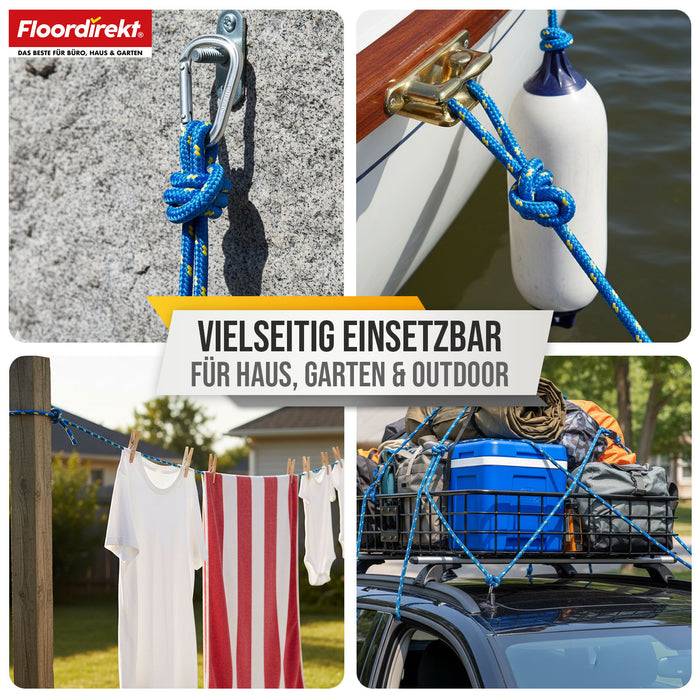 FLOORDIREKT Polypropylen Seil K2 - UV-beständiges & schwimmfähiges Allzweckseil - Blau-Gelb - 14 mm x 20 m