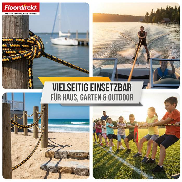 FLOORDIREKT Polypropylen Seil K2 - UV-beständiges & schwimmfähiges Allzweckseil - Schwarz-Orange - 14 mm x 50 m