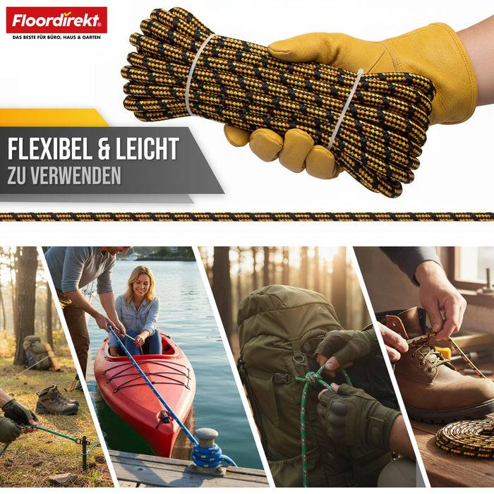 FLOORDIREKT Polypropylen Seil K2 - UV-beständiges & schwimmfähiges Allzweckseil - Schwarz-Orange - 14 mm x 50 m