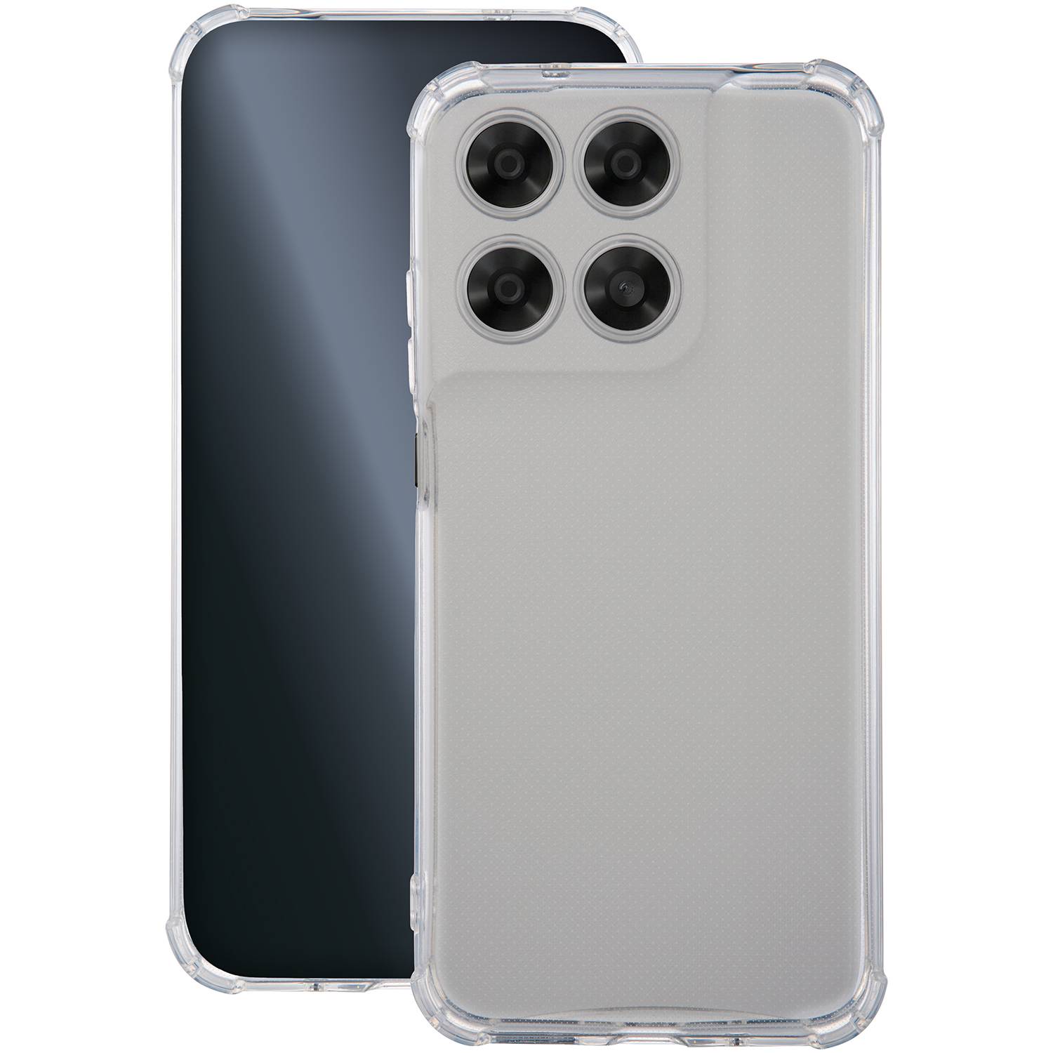 Zwei transparente Handyhüllen, die von vorne und von hinten eines Smartphones gezeigt werden, wobei das schützende durchsichtige Design und die Aussparung für vier Kameras hervorgehoben werden.
