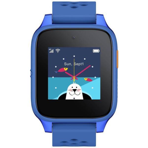 Blaue Kinder-Smartwatch mit verspieltem Analogzifferblatt, das ein Cartoon-Tier, einen Fisch und das Datum „So Sept1